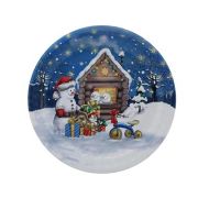 Поднос 25,7*3см круг СНЕГОВИКИ В ИЗБУШКЕ жесть 186136